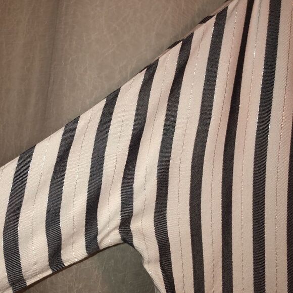 JL L White Navy Silver Metallic Striped Dolman Sleeve Tie Front Button Down Top - Picture 7 of 14